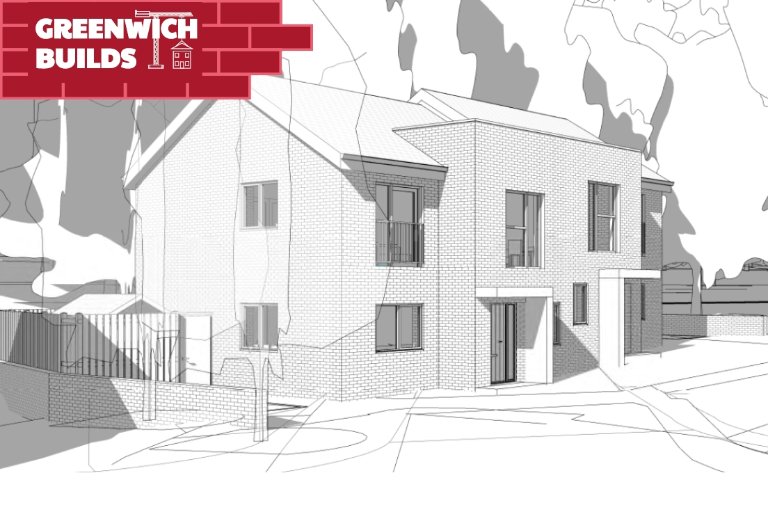 An artists impression of the proposed new homes showing two semi-detached two storey houses with pitched roofs.