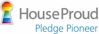 Logo reading 'House Proud Pledge Pioneer' with a key hole filled with LGBTQ+ flag colours