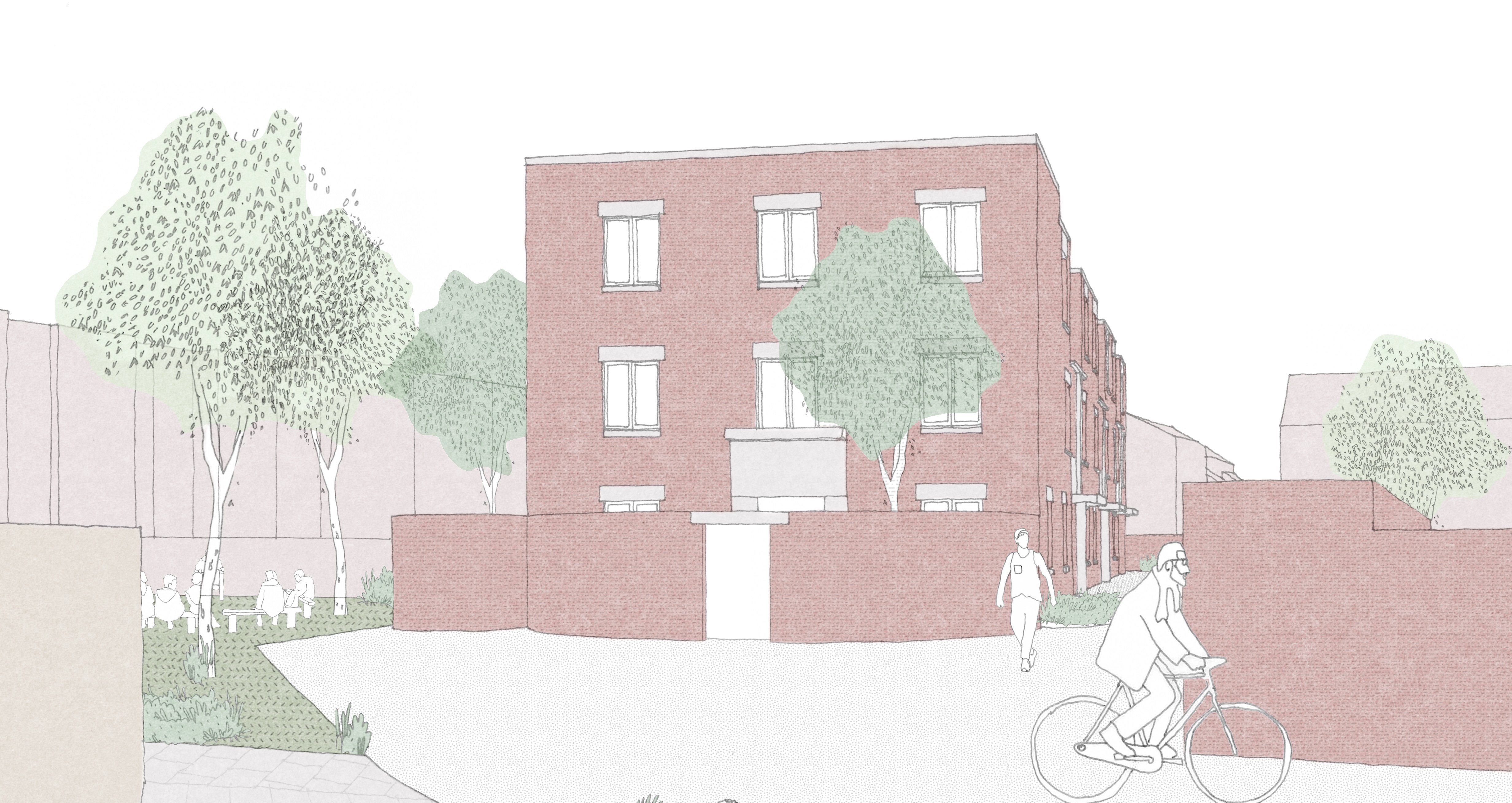 A sketch of how the new homes could look, showing a terrace of six houses between one and three-storeys tall finished in red brick, with three windows on each floor.