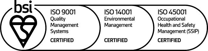 BSI logo for ISO 9001 Quality Management Systems certified, ISO 14001 Enviromental Management Certified and ISO 45001 Occupational Health and Safety Management (SSIP) Certified