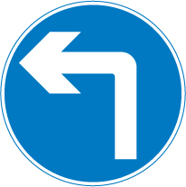 Blue circle with a white arrow pointing left ahead