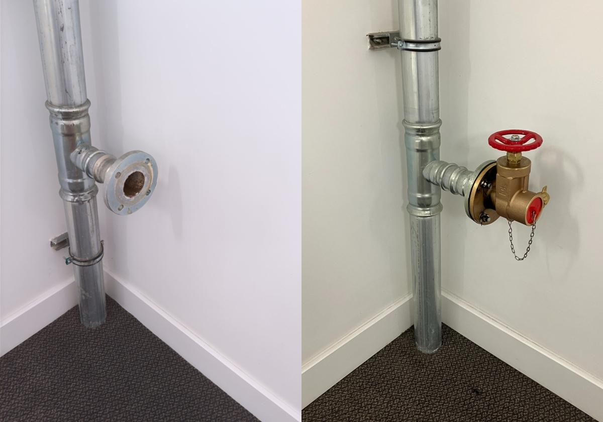 Two photos side by side. The photo on the left shows a dry riser pipe which is missing the copper valve as it has been stolen. The photo on the right shows a dry riser complete with the copper valve attached.