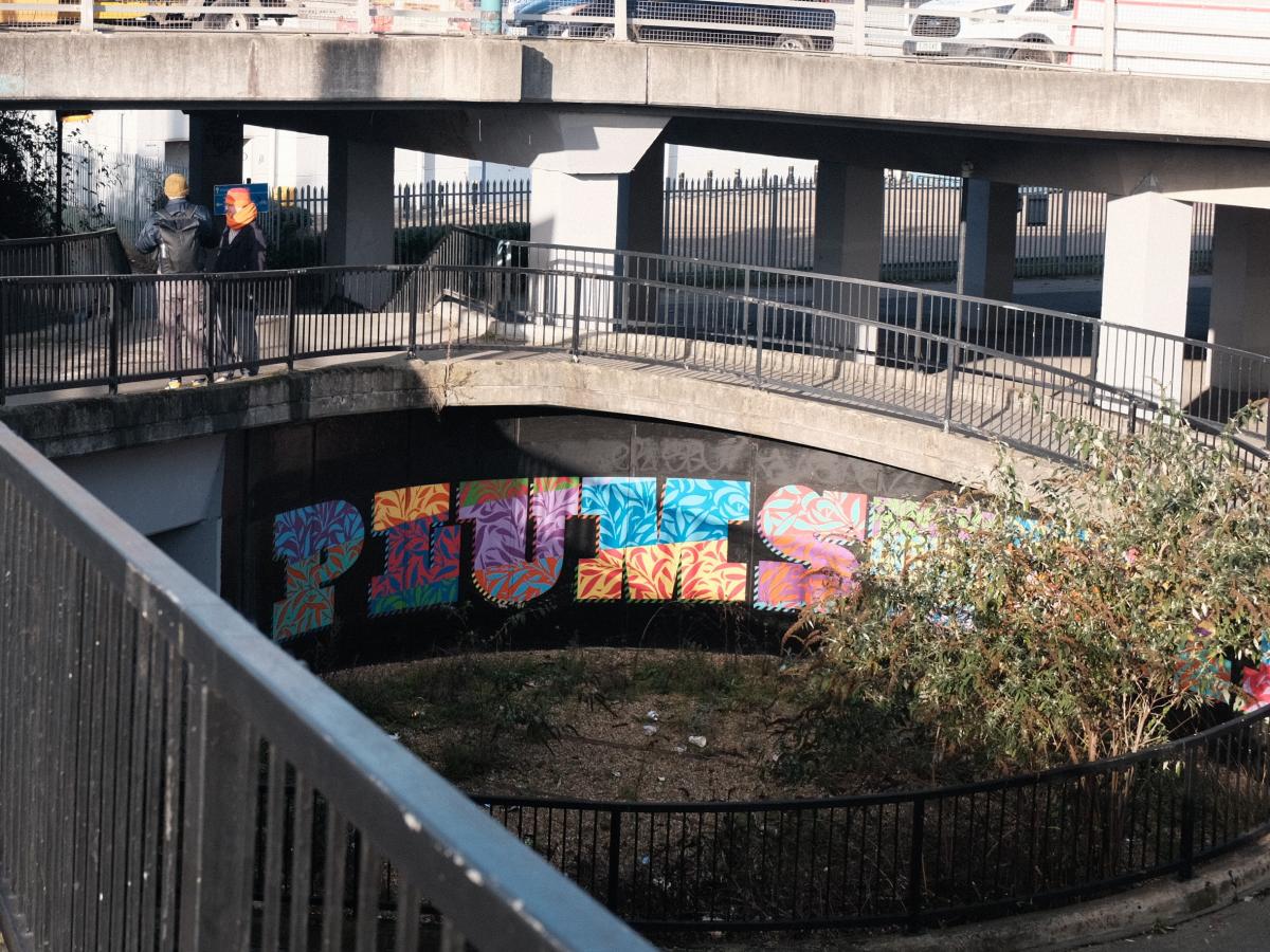 View of Pettman Underpass with artwork on walls and trees