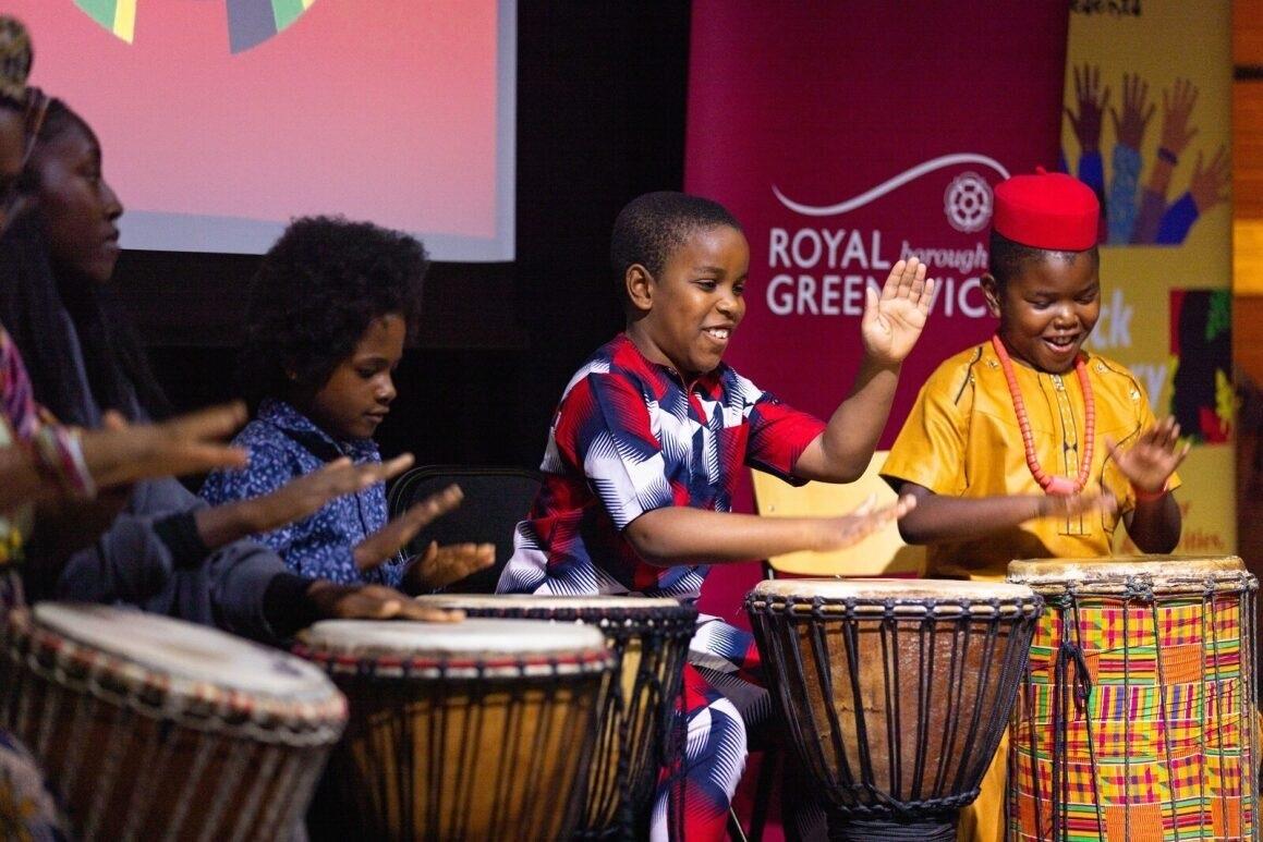 Children drumming at BH365 launch event at Woolwich Works