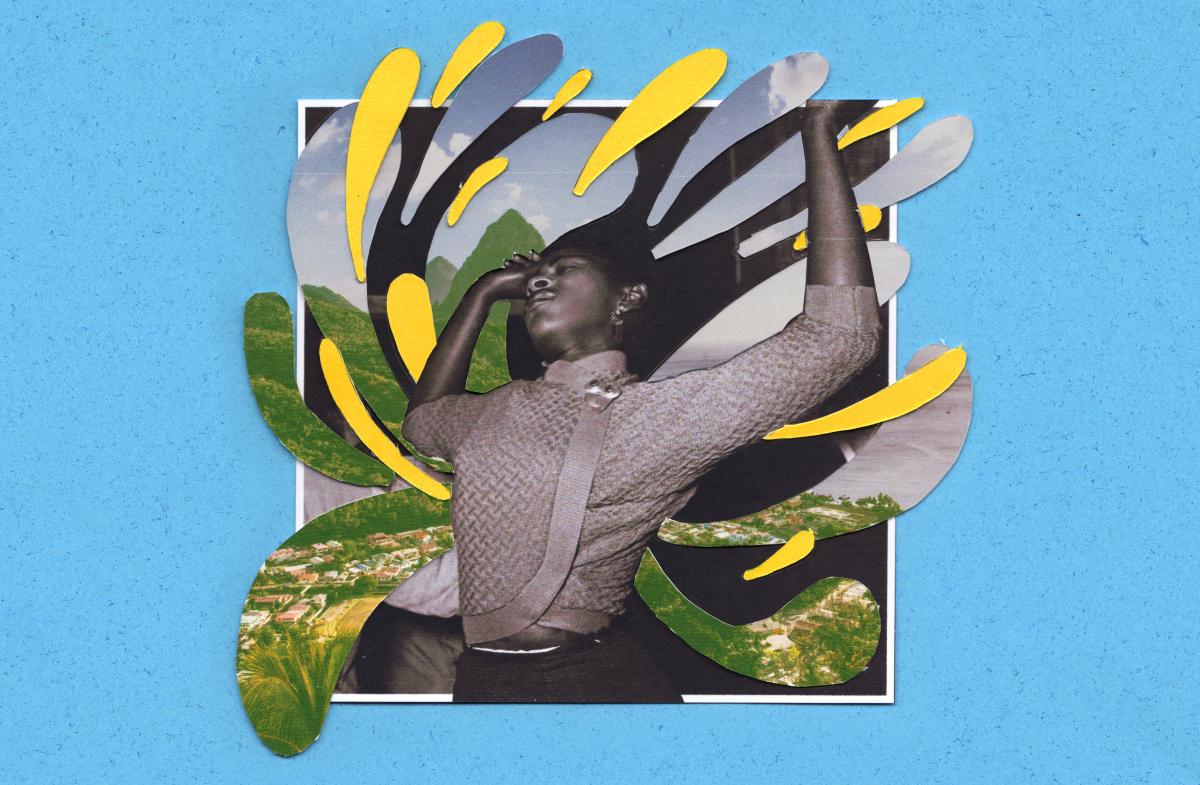 Light blue backround, image of a woman dancing laid on top of cutout images of a tropical island.