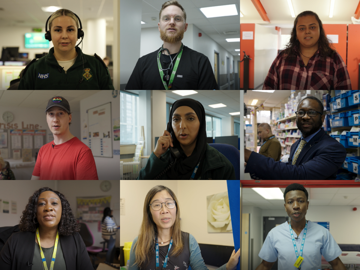 A collage of nine NHS workers involved in the making of the film.