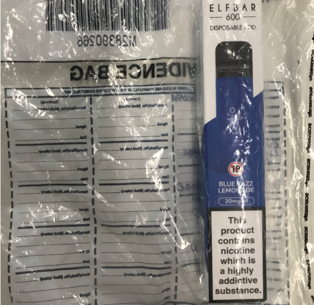 Blue disposable vape inside an evidence bag