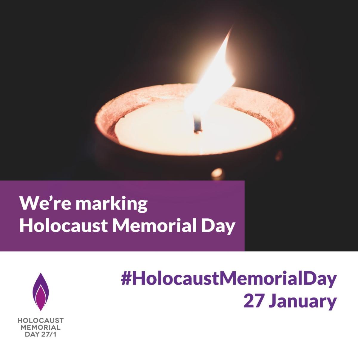 A lit candle and the words 'We're marking Holocaust Memorial Day 27 January'