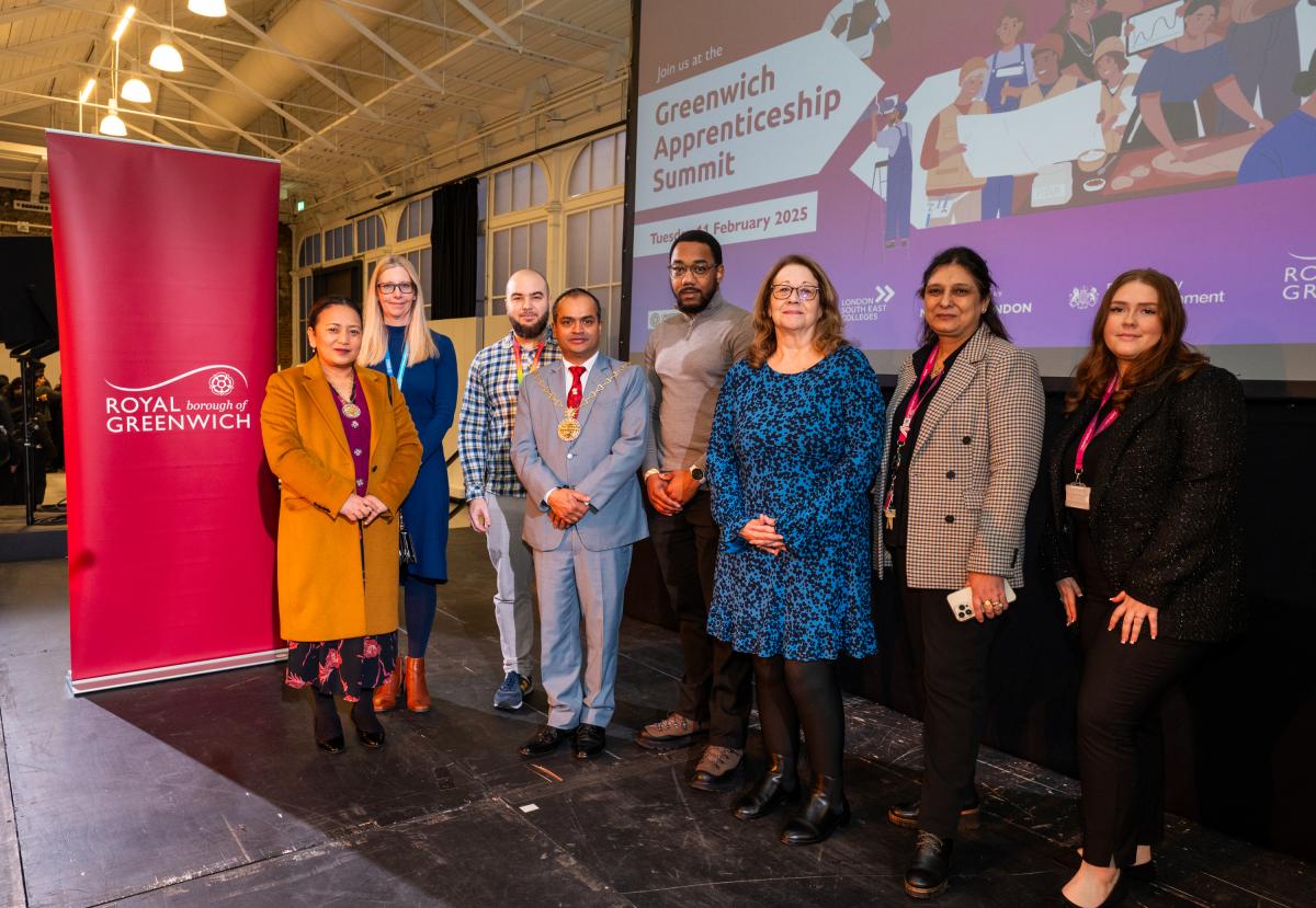 Photo of the speakers at the Apprenticeship Summit on stage with Cllr Jackie Smith and Cllr Jit Ranabhat