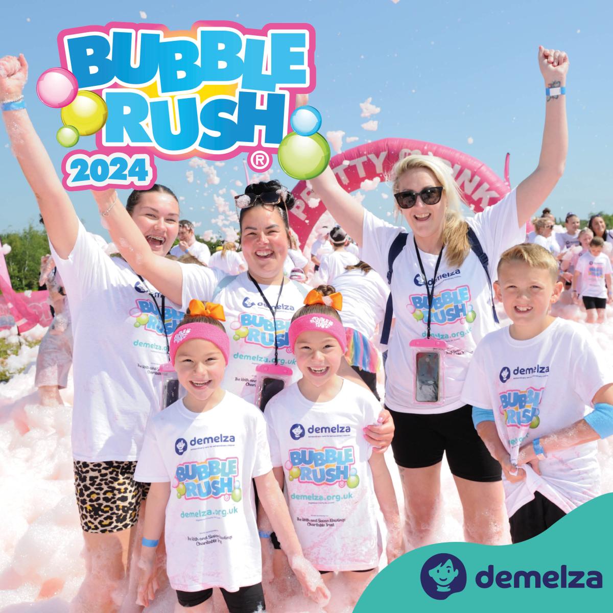 Three women and three children enjoying the Bubble Rush event.