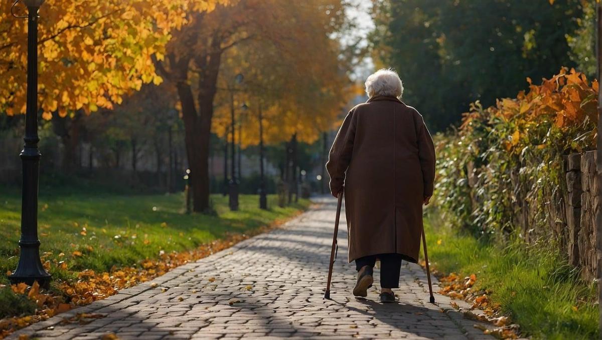 An elderly lady walking in a park on an autumn morning.