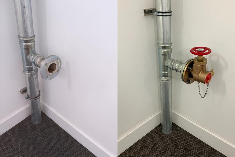Two photos side by side. The photo on the left shows a dry riser pipe which is missing the copper valve as it has been stolen. The photo on the right shows a dry riser complete with the copper valve attached.