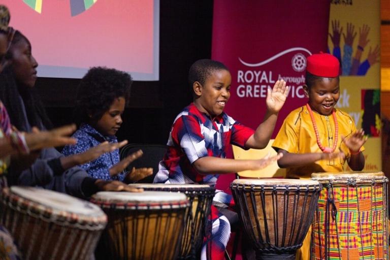 Children drumming at BH365 launch event at Woolwich Works
