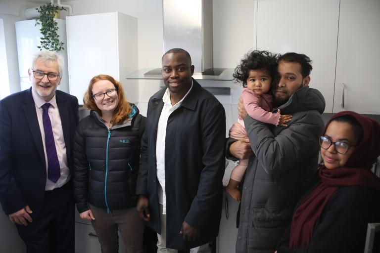 Clive Efford MP, Cllr Taggart-Ryan, Leader Cllr Okereke meet a local family who have had a new kitchen installed.