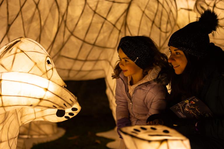 A woman and child looking at an illuminated polar bear decoration