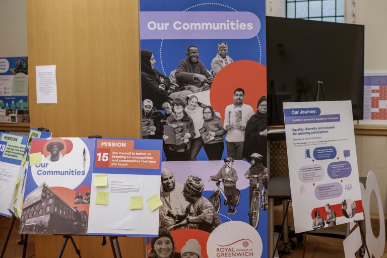 photo of various foam boards with messaging and images of residents, one reads 'Our Communities'.