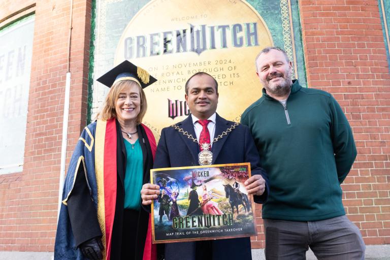 A photograph of Professor Jane Harrington, Vice-Chancellor and CEO of the University of Greenwich, Councillor Jit Ranabhat, Mayor of Royal Greenwich and Barrie Kelly, Chief Executive at Visit Greenwich standing in front of the new signage that says 'GreenWitch'.