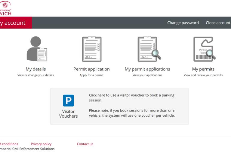 Parking permits account page with a blue parking symbol and the words 'Visitor Vouchers' underneath. Select the P symbol to book a visitor voucher parking session.