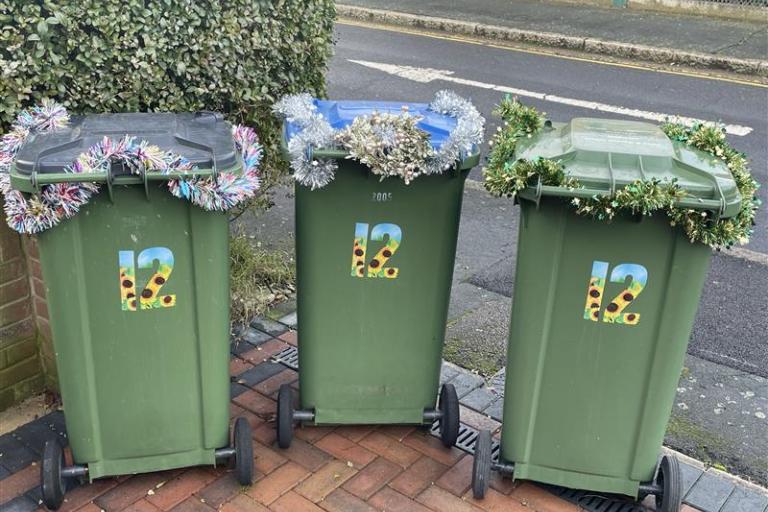 Image of bins, with tinsel decorating them