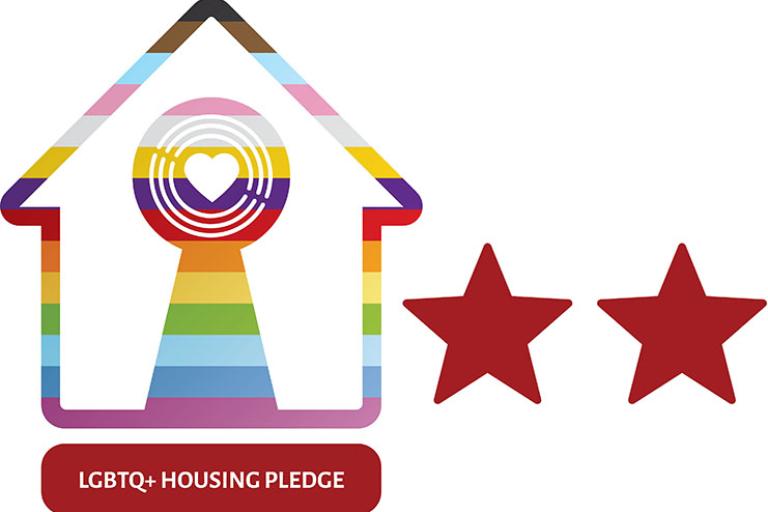 Logo of LGBTQ+ Housing Pledge featuring a house with rainbow colours and two red stars to the right of it.  