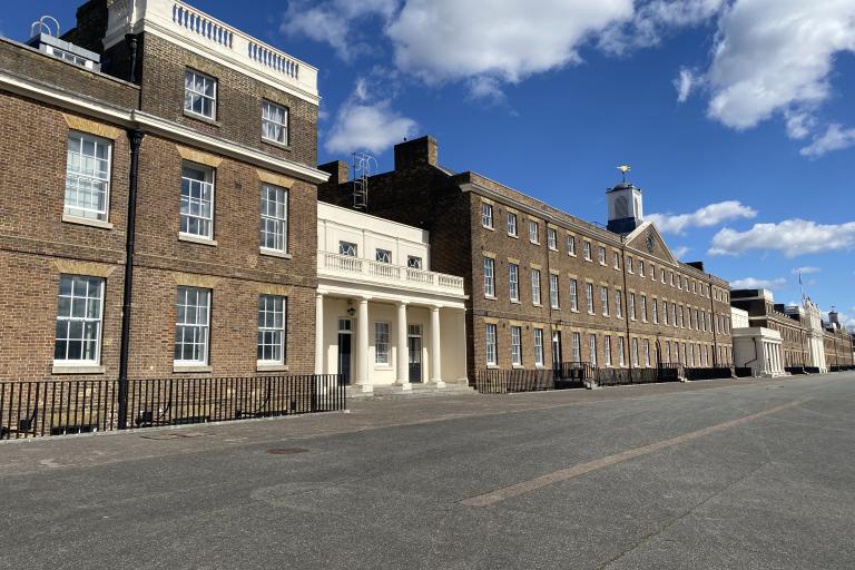 A photo of Woolwich Barracks, showing a historical building of between two and three storeys.