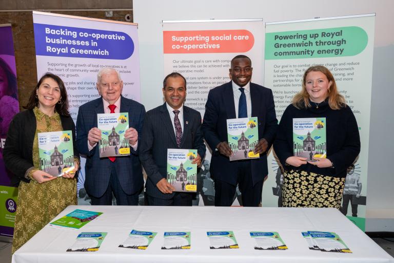 Councillors Mariam Lolavar, John Fahy, Jit Ranabhat, Leader Anthony Okereke, Maisie Richards Cottell holding our new strategy Together for Greenwich