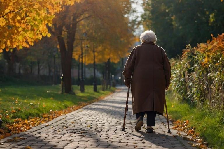 An elderly lady walking in a park on an autumn morning.