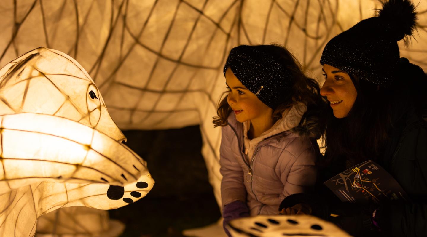 A woman and child looking at an illuminated polar bear decoration