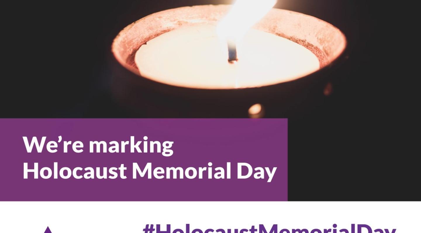 A lit candle and the words 'We're marking Holocaust Memorial Day 27 January'